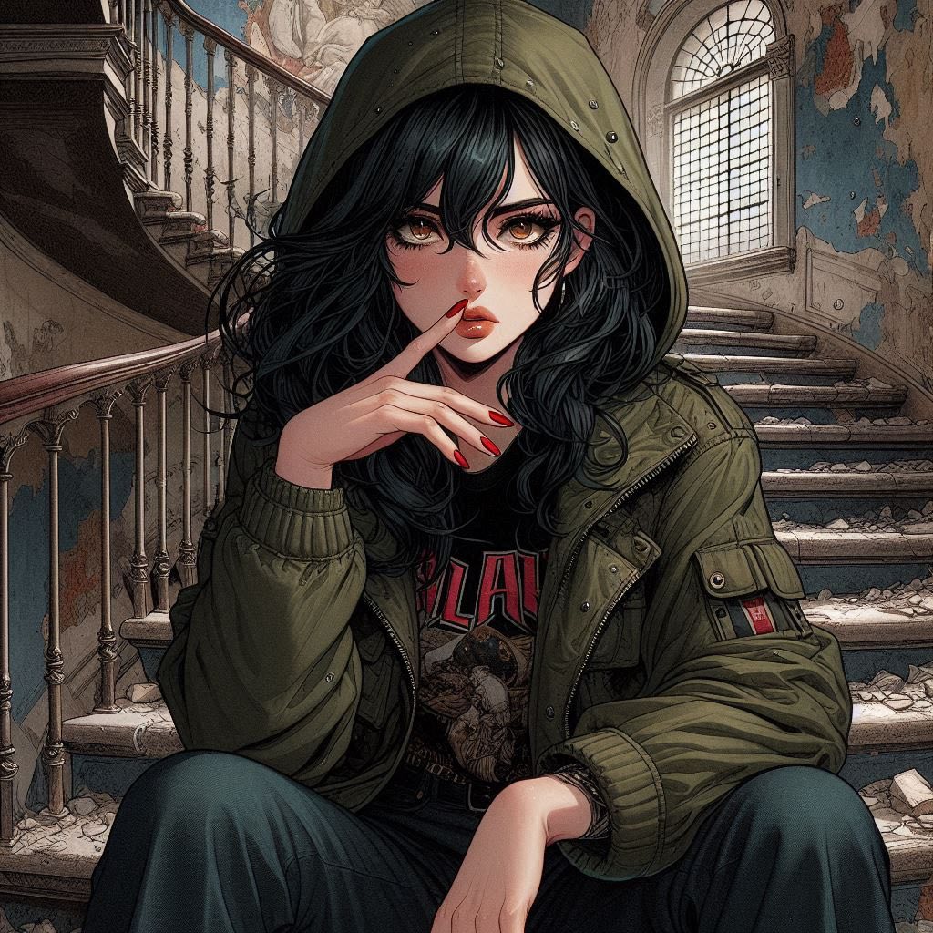 在廢墟樓梯上的女子