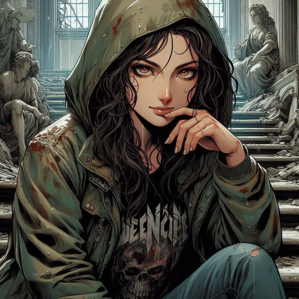 Woman on a ruined staircase