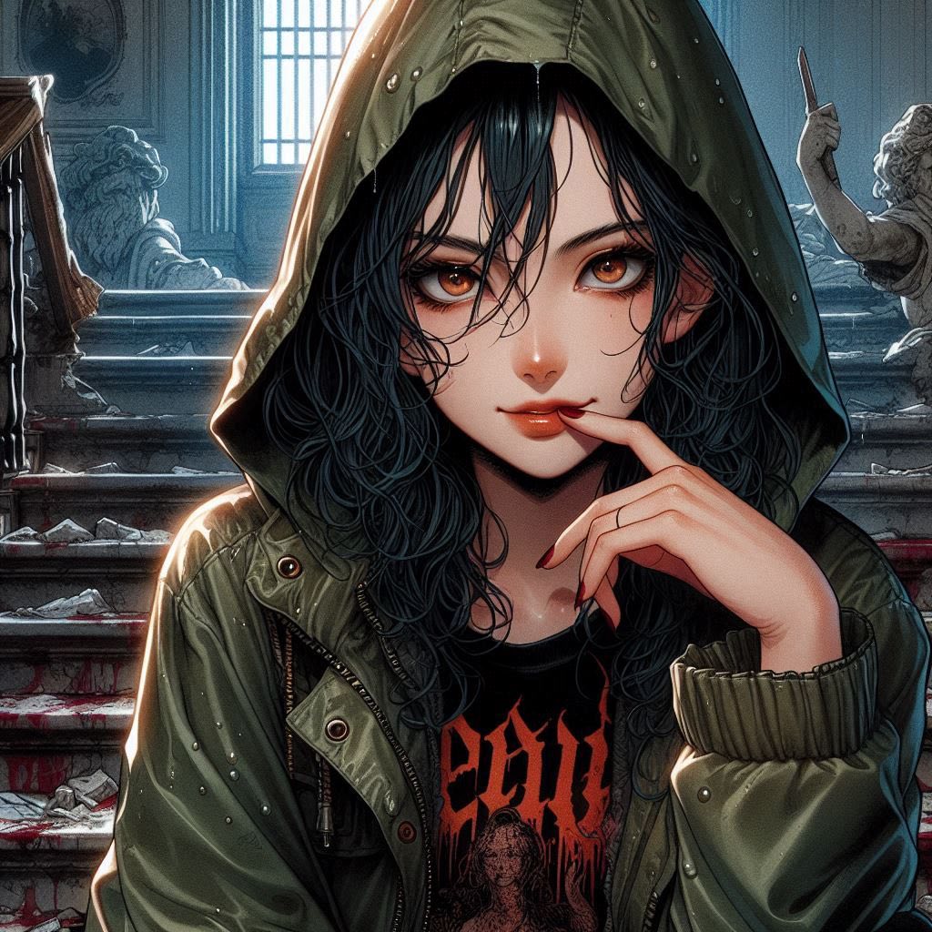 在廢墟樓梯上的女子