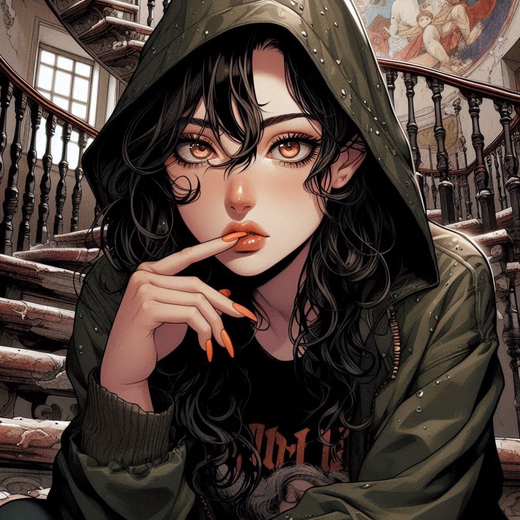 在廢墟樓梯上的女子