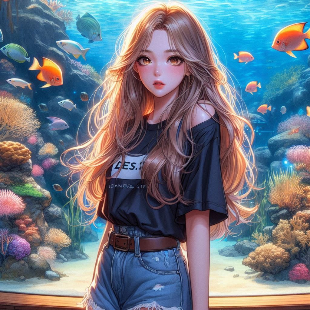 Girl in front of the aquarium