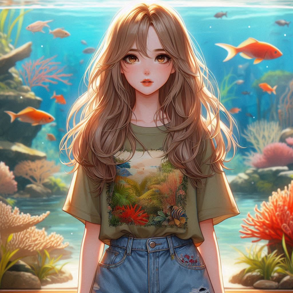 Girl in front of the aquarium