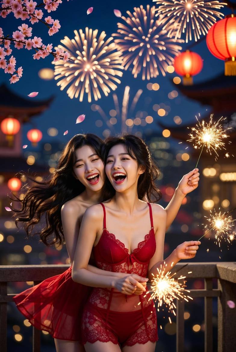 Sisters hugging and celebrating the New Year