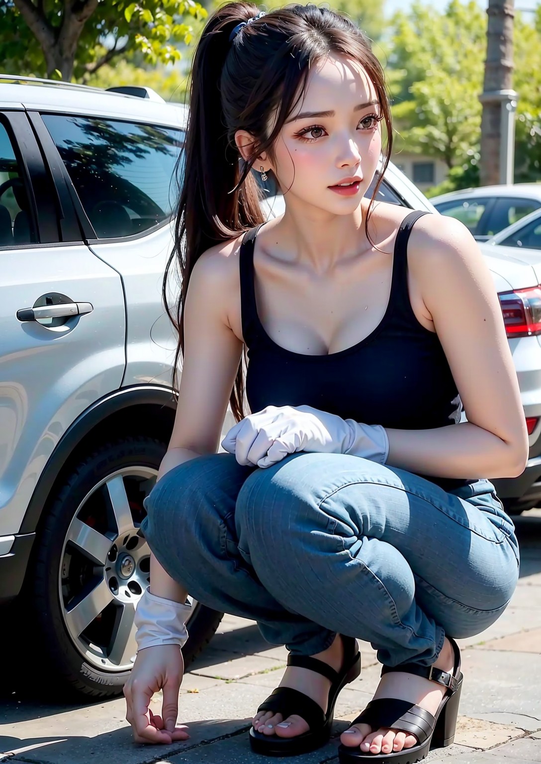 Girl washing car in summer
