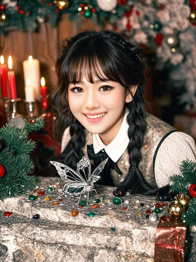 Twin Ponytail Girls Under the Christmas Tree