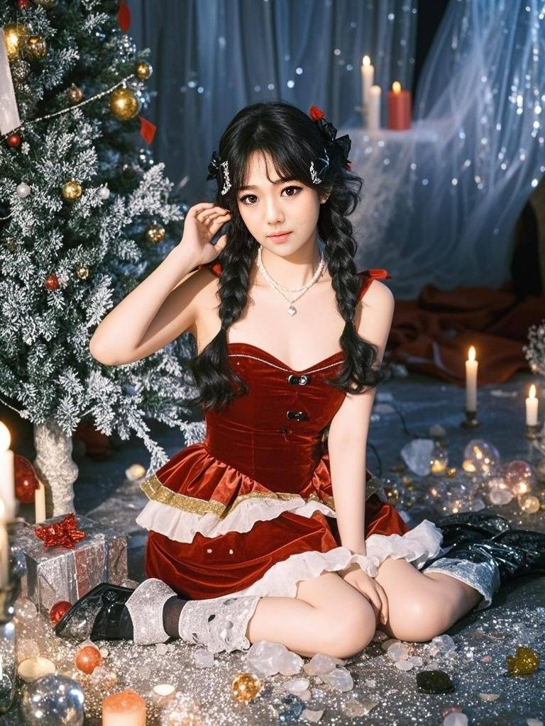 Twin Ponytail Girls Under the Christmas Tree