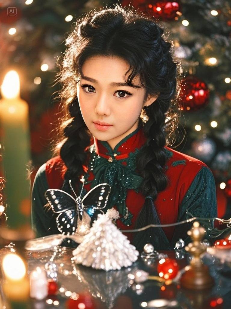 Twin Ponytail Girls Under the Christmas Tree